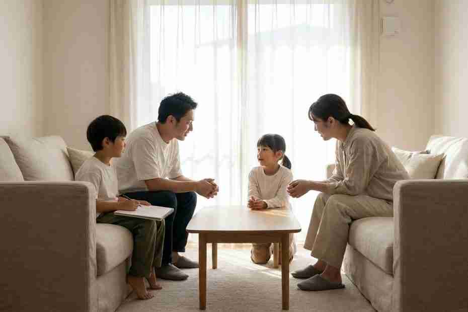 Parents and children sitting together at a table during a family meeting